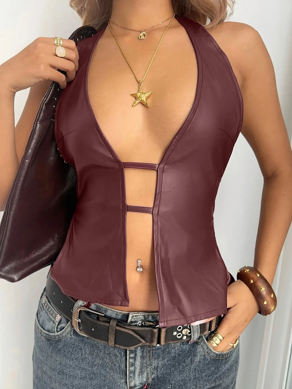 Open Back Faux Leather Tank Top